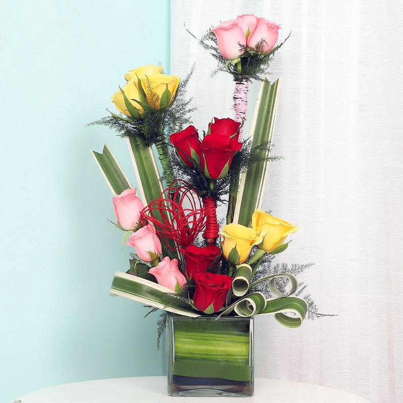 Mixed Roses Arrangement in Glass Vase