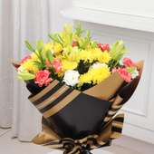 Mixed Flower Combo - Yellow Lilies, Orange, White Carnations & Yellow Daisy (side)