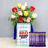 Mixed Rose Box With Chocolates - Bunch of 10 Mixed Roses with Brother Flower Box  and 5 Dairy Milk Chocolates