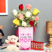 Mixed Rose Box With Kitkat Bars N Teddy - Bunch of 12 Mixed Roses with Mom Flower Box and 5 Nestle Kitkat and Teddy