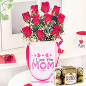 Mom Roses Rocher Combo - Bunch of 10 Red Roses with Mom Flower Box and Pack of 16 Ferrero Rochers