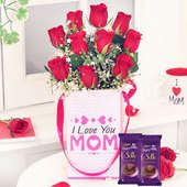 Mom Roses Silk Combo - Bunch of 10 Red Roses with Mom Flower Box and 2 Dairy Milk Silk