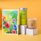 Online Green Tea, Greeting Card N Frosted Mug Combos for Mothers Day