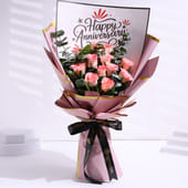 Bunch 12 Pink Roses In Pink Premium Paper for Anniversary
