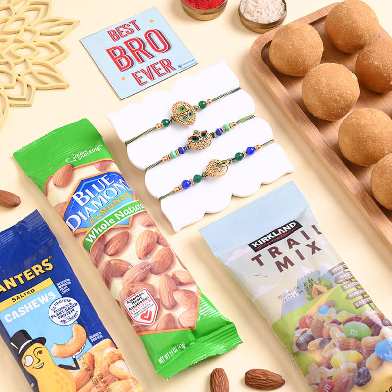 Morpankh Designer Rakhi Trio With Nuts N Ladoos