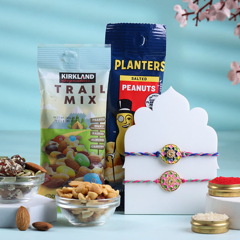 Motif Designer Rakhi Duo With Salty Munchies