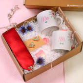 Mr N Mrs Gift Box - Two personalised ceramic mug with Pair of Metallic Earrings One Red Tie and Peek A Boo Box