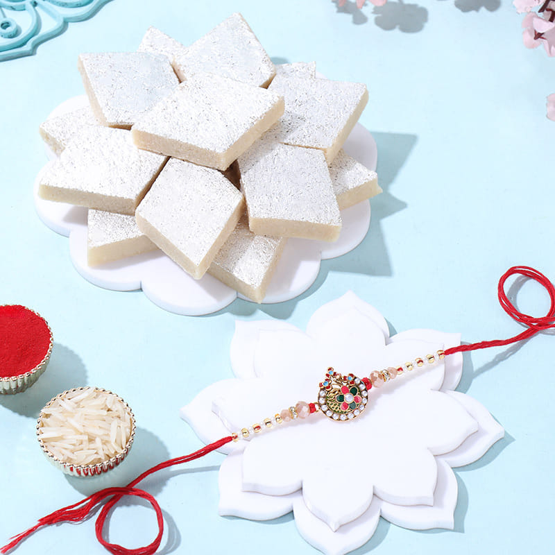Multicolour Designer Rakhi With Kaju Katli