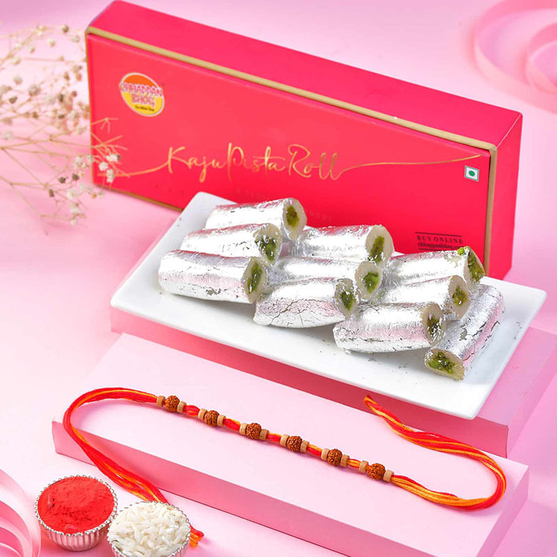 Mysti Rudraksha Rakhi With Kaju Rolls