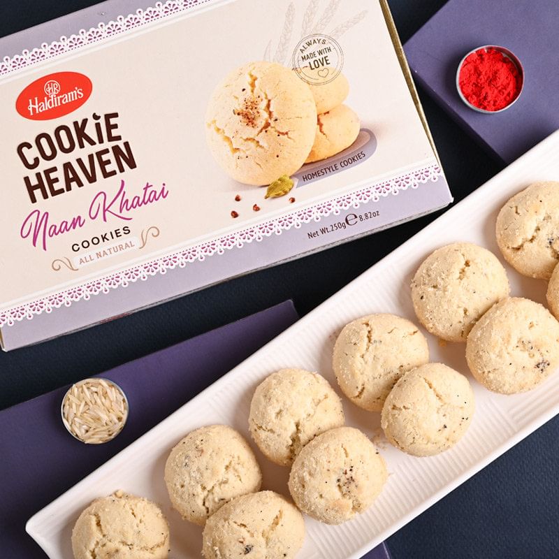 Send Designer Rakhi Online in India - Naan Khatai Cookies With Vibrant Rakhis