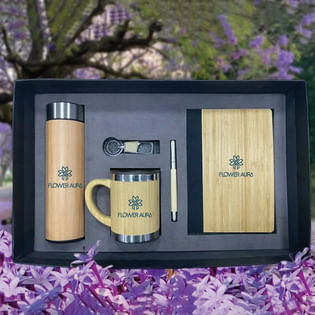 A wooden mug, pen, and notebook in Gift Box