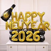 Happy New Year 2026 Gold Balloon Bouquet With Champagne Bottle Foil