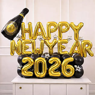 Happy New Year 2026 Gold Balloon Bouquet With Champagne Bottle Foil