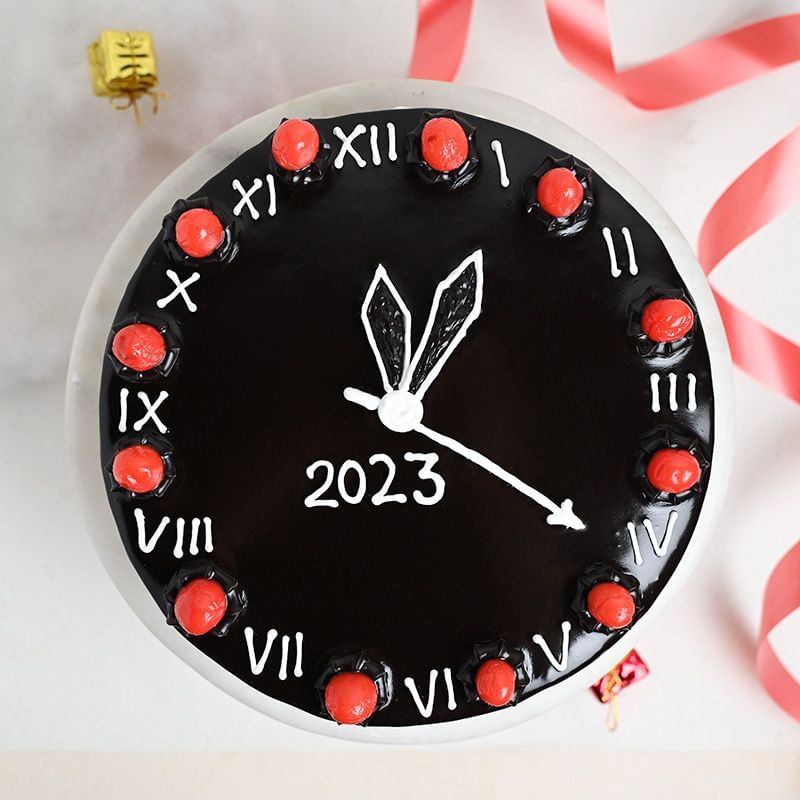 Front View of New Year Cherry Clock Cake
