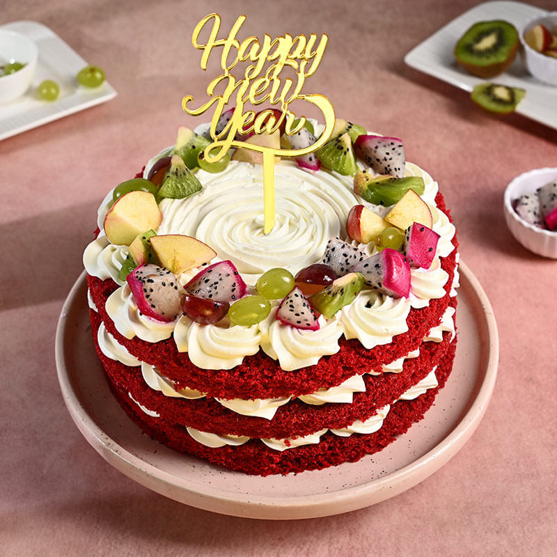 New Year Red Velvet Cake Topped with Fruits