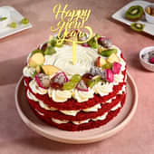 New Year Red Velvet Cake Topped with Fruits