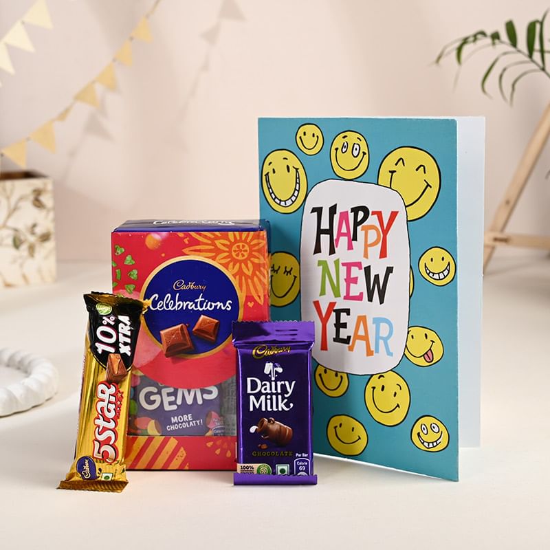 New Year Smile Greeting Card with Cadbury Celebration Chocolates