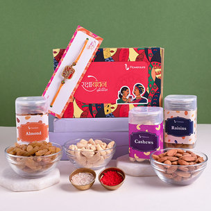 Order Divine Rakhi For Brother With Dry Fruits Online - Nourishing Dry Fruits Radhe Radhe Rakhi Pack