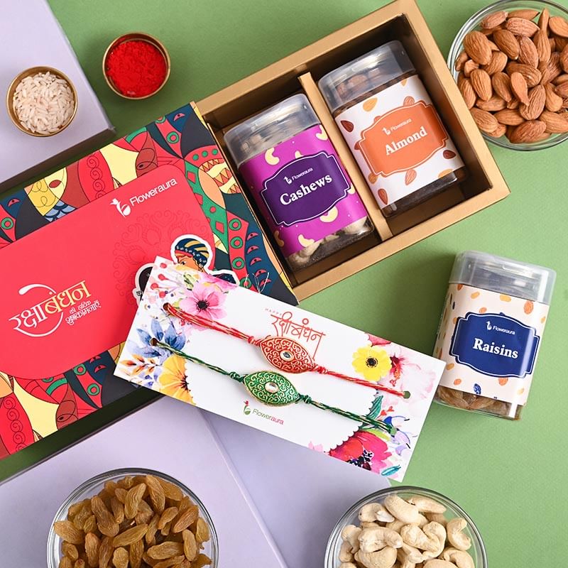 Send Set of 2 With Dry Fruits For Brother Online - Nutritious Cashew Almond Raisin Dual Rakhi