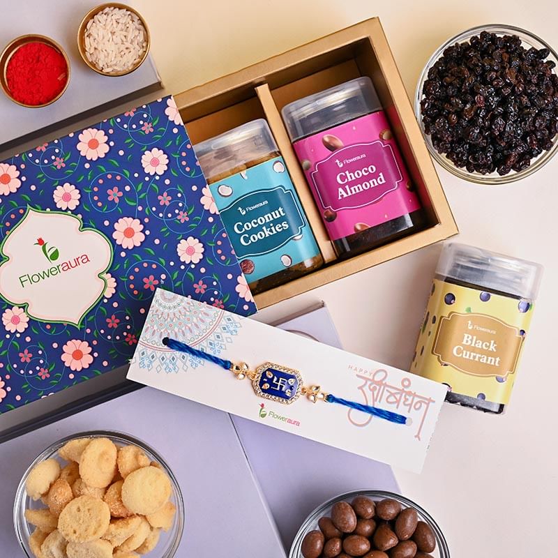 Send Divine Rakhi With Dry Fruits For Brother Online - Nutritious Cookies Black Currant Choco Almond N Swastik Rakhi