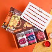 Send Set of 5 Rakhi For Brother Online With Chocolates, Dry Fruits, Sweets Combo