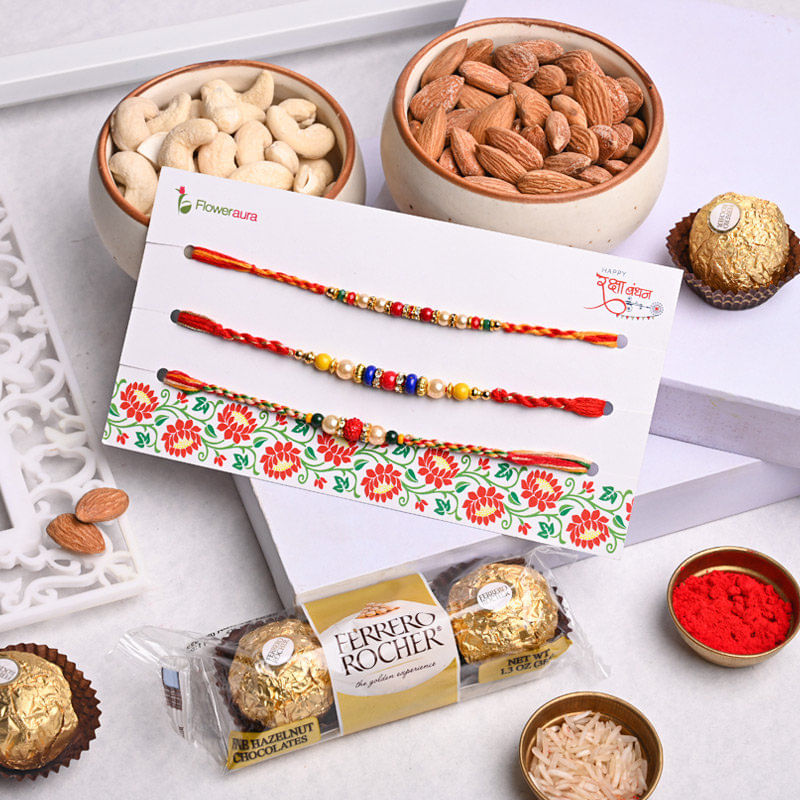 Set of 3 Mauli Rakhi with Nuts and Ferrero Rocher
