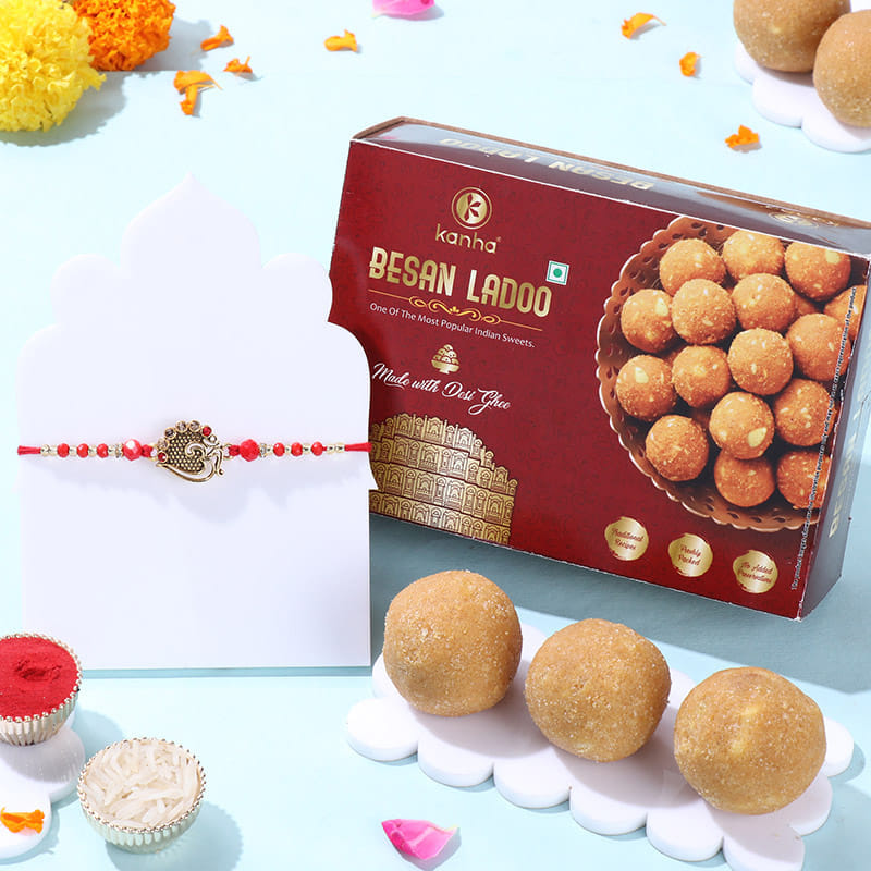 Om Designer Rakhi With Besan Ladoos