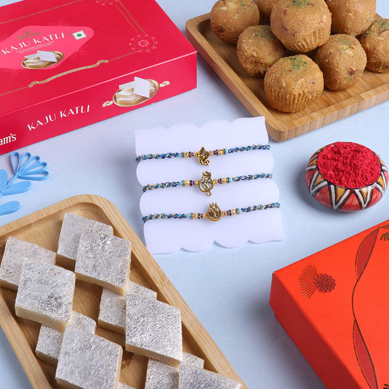 Three Divine Rakhis With Besan Ladoo N Kaju Katli