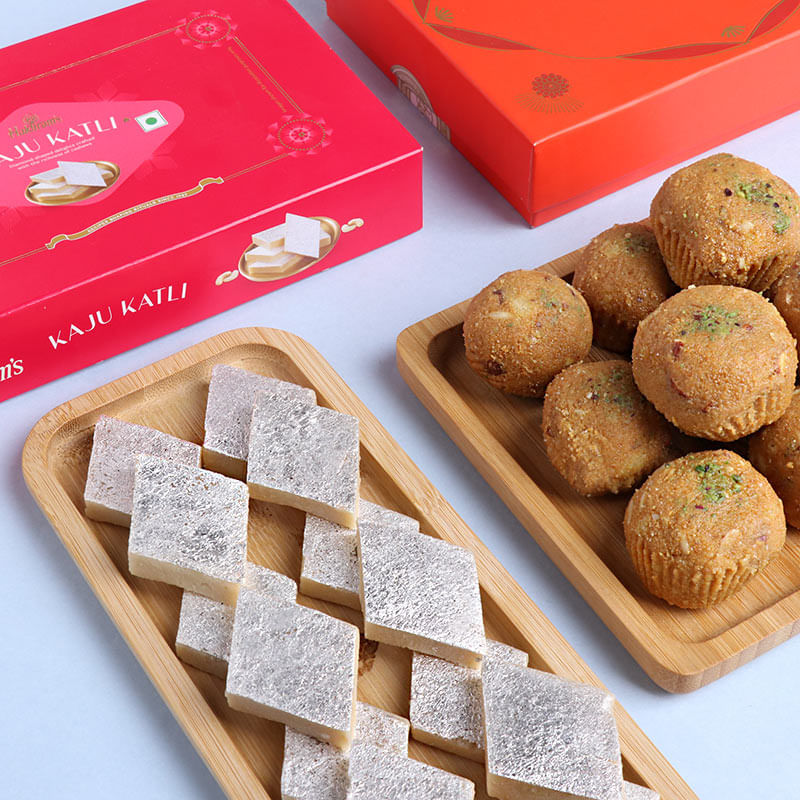 Three Rakhis with Besan Ladoo N Kaju Katli