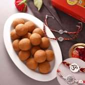 Om Holy Silver Rakhi Duo With Besan Ladoo