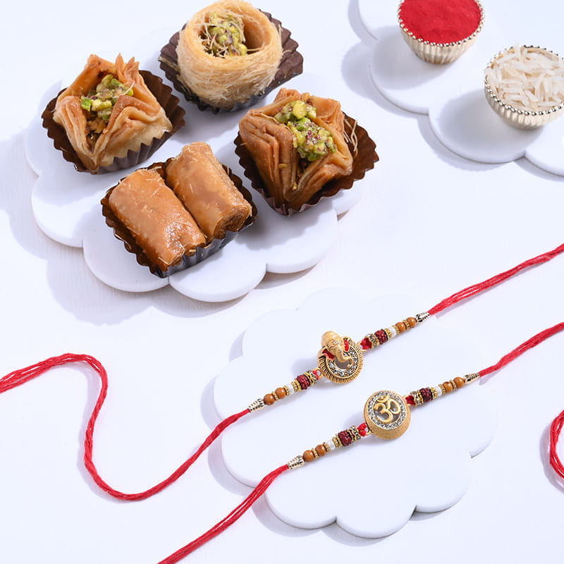 Om N Ganesha Rakhi Duo With Baklava