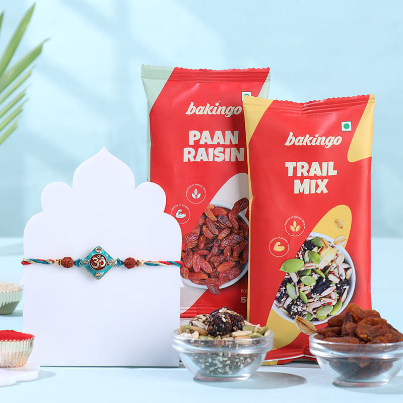 Om N Rudraksha Rakhi With Festive Treats
