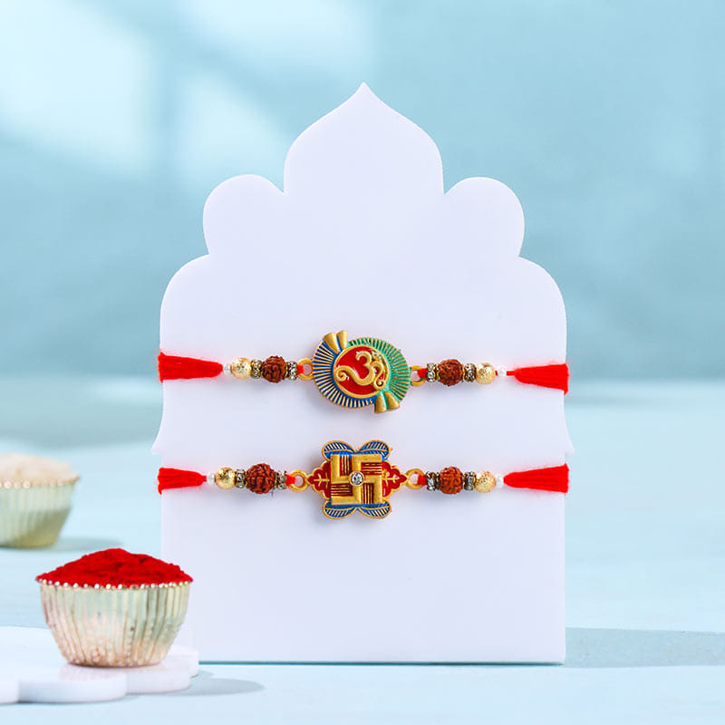 Om N Swastik Rudraksha Rakhi Duo With Baklava