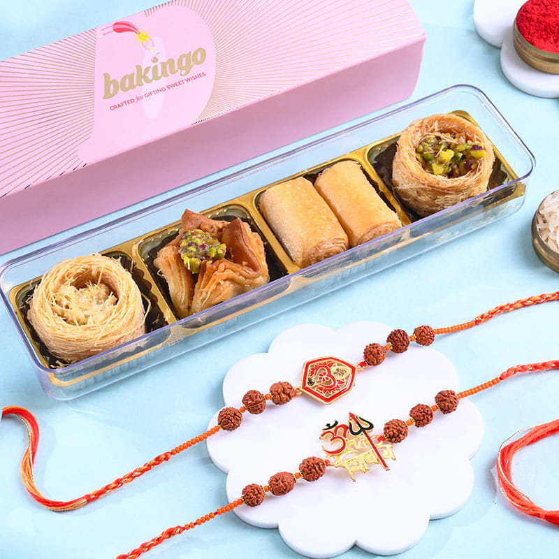 Om N Trishul Rudraksha Rakhi Duo With Baklava