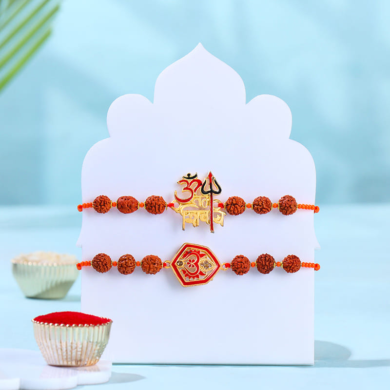 Om N Trishul Rudraksha Rakhi Duo With Baklava