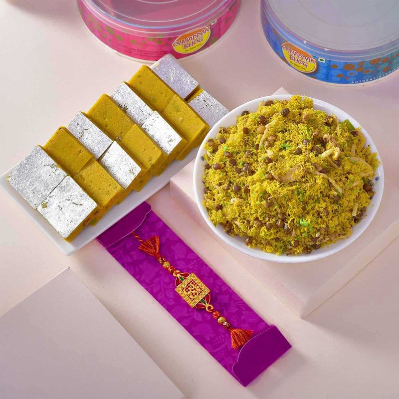 Om Rakhi With Dalmoth N Kesar Kaju Barfi