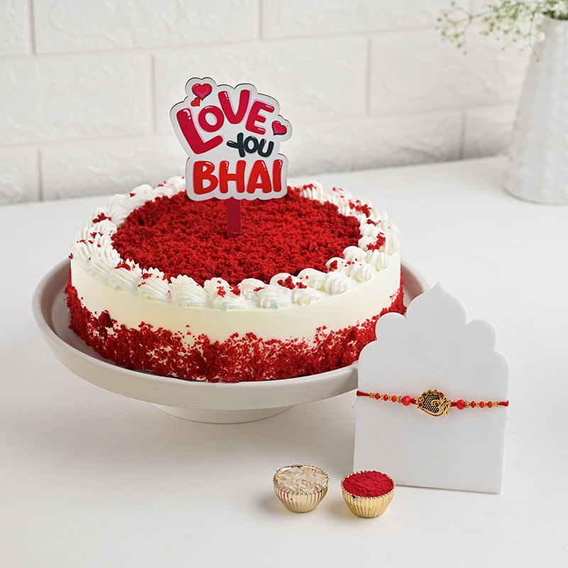 Om Rakhi With Love You Bhai Red Velvet Cake