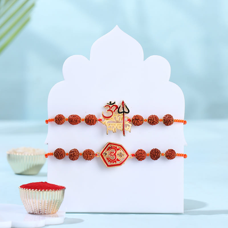 Om Rudraksha Rakhi Duo With Chocolate Bars