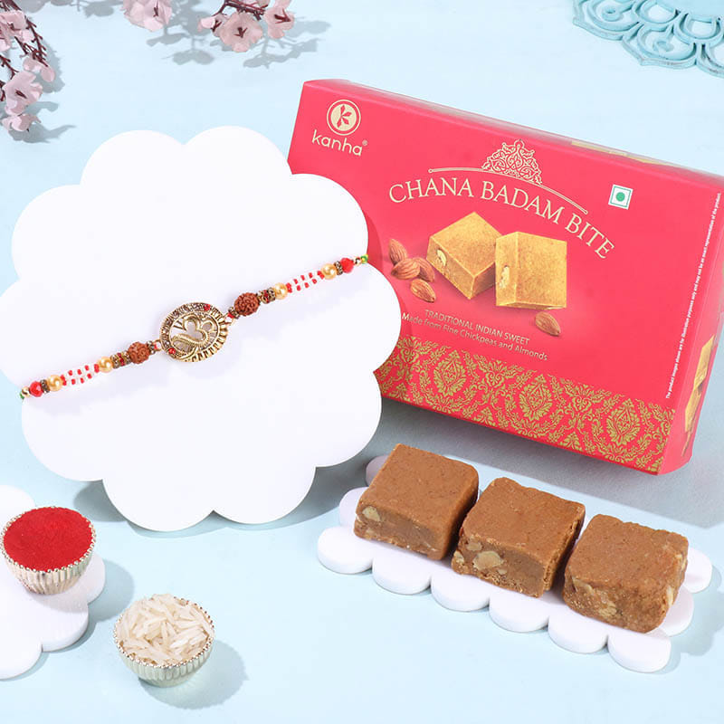 Om Rudraksha Rakhi With Chana Badam Bite