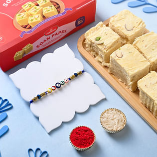 Multicoloured Charm Rakhi With Soan Papdi 