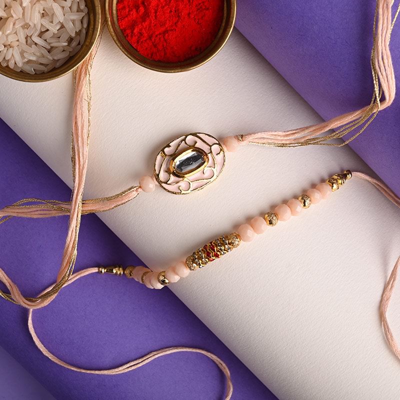 Designer Opulent Gem Light Pink Rakhi Set Online - Pearl Rakhi