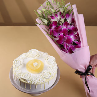 Orchid Bouquet With Pineapple Cake