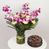 Orchids Carnations Glass Vase With Cake: Bouquet of 4 Purple Orchids and 10 Yellow Carnationsan and Kitkat Cake