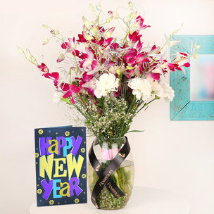Orchids N Carnation Bouquet with New Year Card
