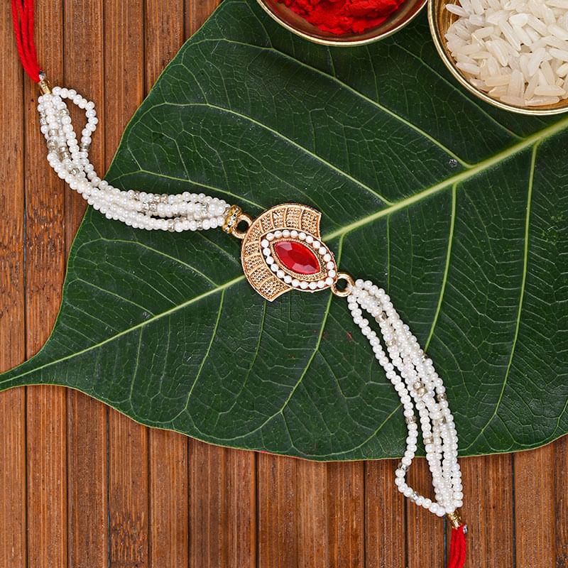 Ornamental Bejewelled Rakhi Set - Pearl Rakhi, Stone Rakhi