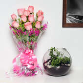 Ornamented Jade Rose Combo - Succulent and Cactus Plant Outdoors in Gola Vase with Bunch of 10 Pink Roses