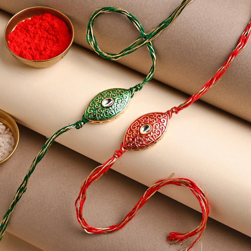 Ornate Pink N Green Rakhis: Set of 2 rakhis for Brother online