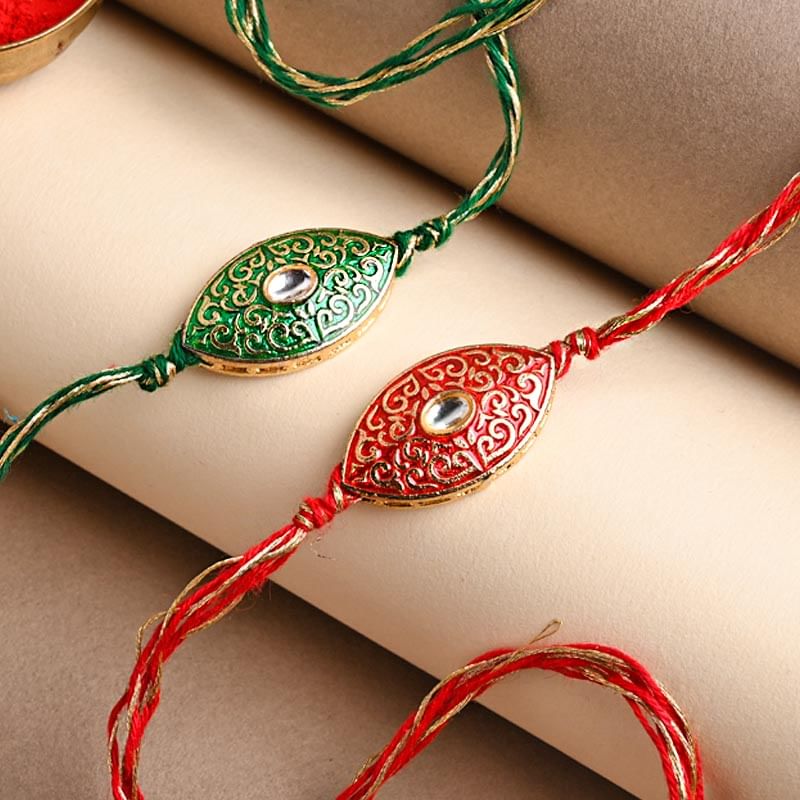 Order Metal Rakhi for Brother online - Ornate Pink N Green Rakhis