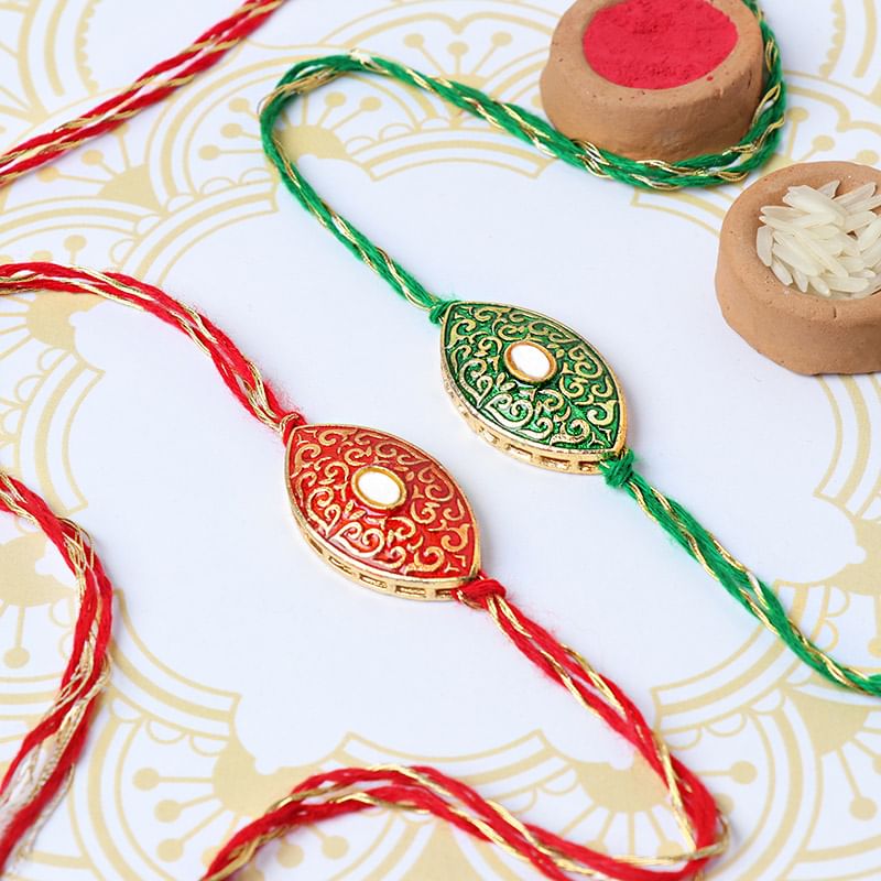 Ethnic Red n Green Stone Rakhi set of 2