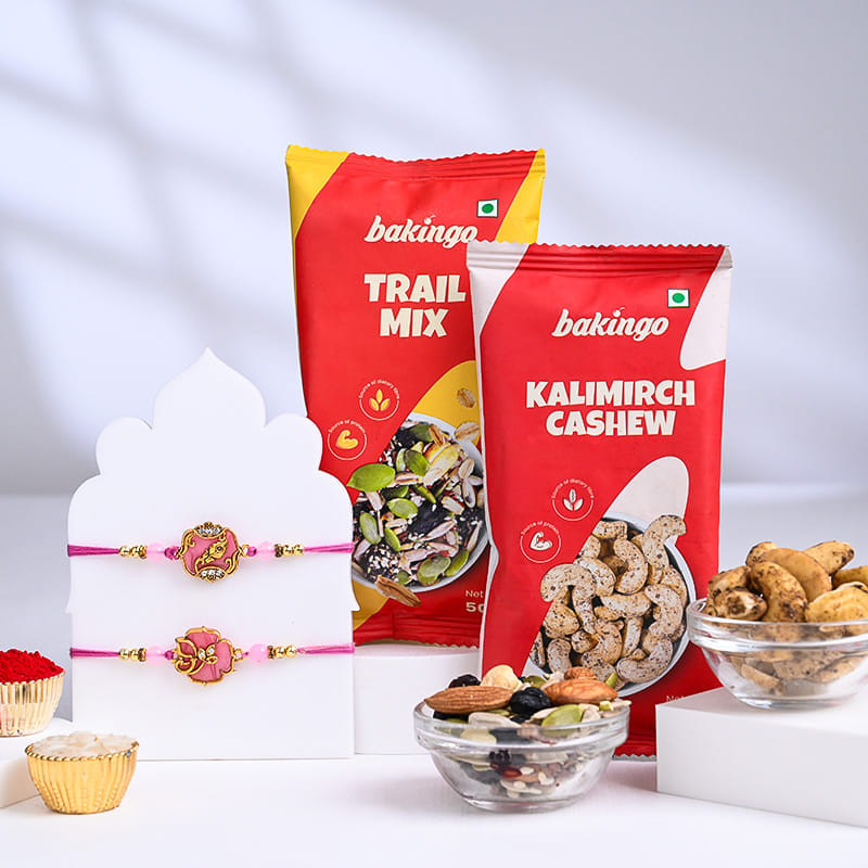 Ornate Pink Rakhi Duo With Savoury Treats